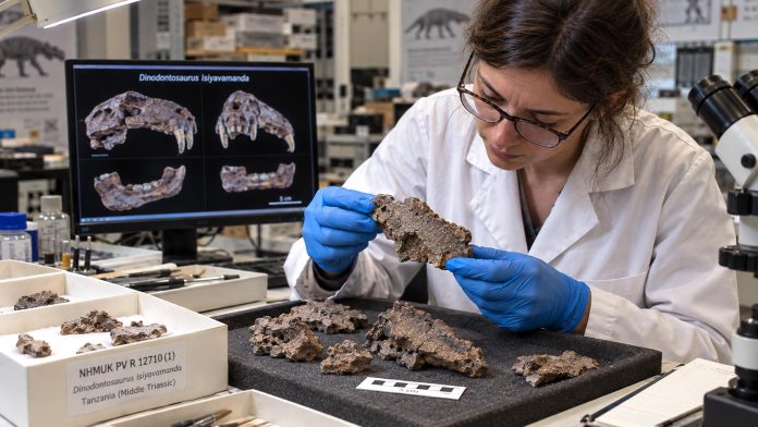 Representación del estudio de los fragmentos fósiles que permitieron identificar a Dinodontosaurus isiyavamanda