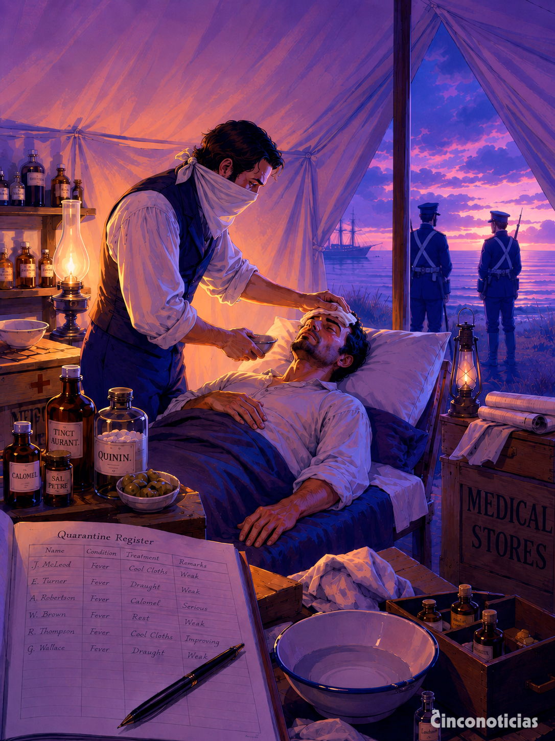 Interior de una tienda médica del campamento de Red Bluff/Point Ormond, abril de 1840