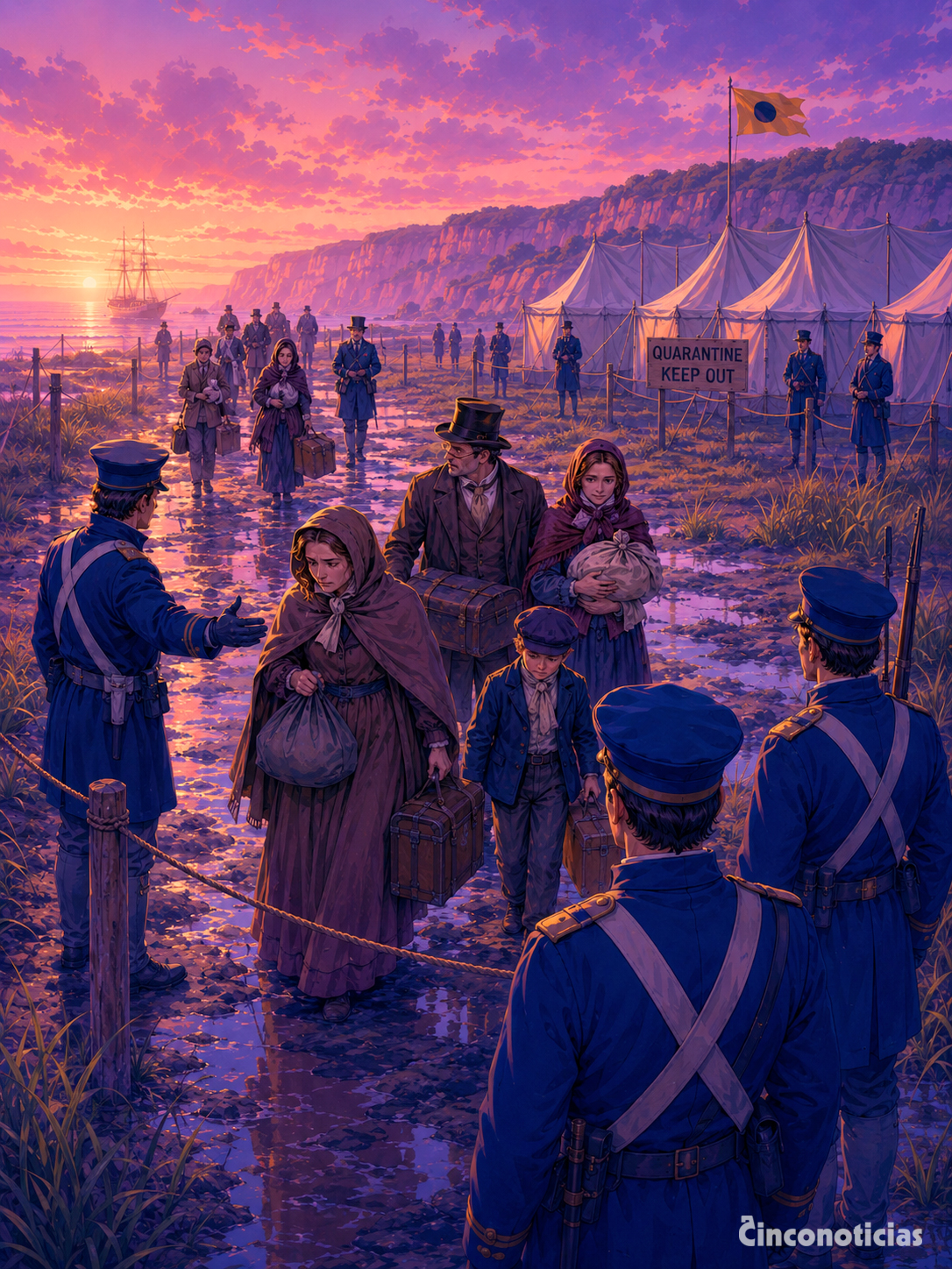 Un cordón de guardias deja pasar a un grupo “sano” de pasajeros del Glen Huntly hacia el asentamiento, 1840.