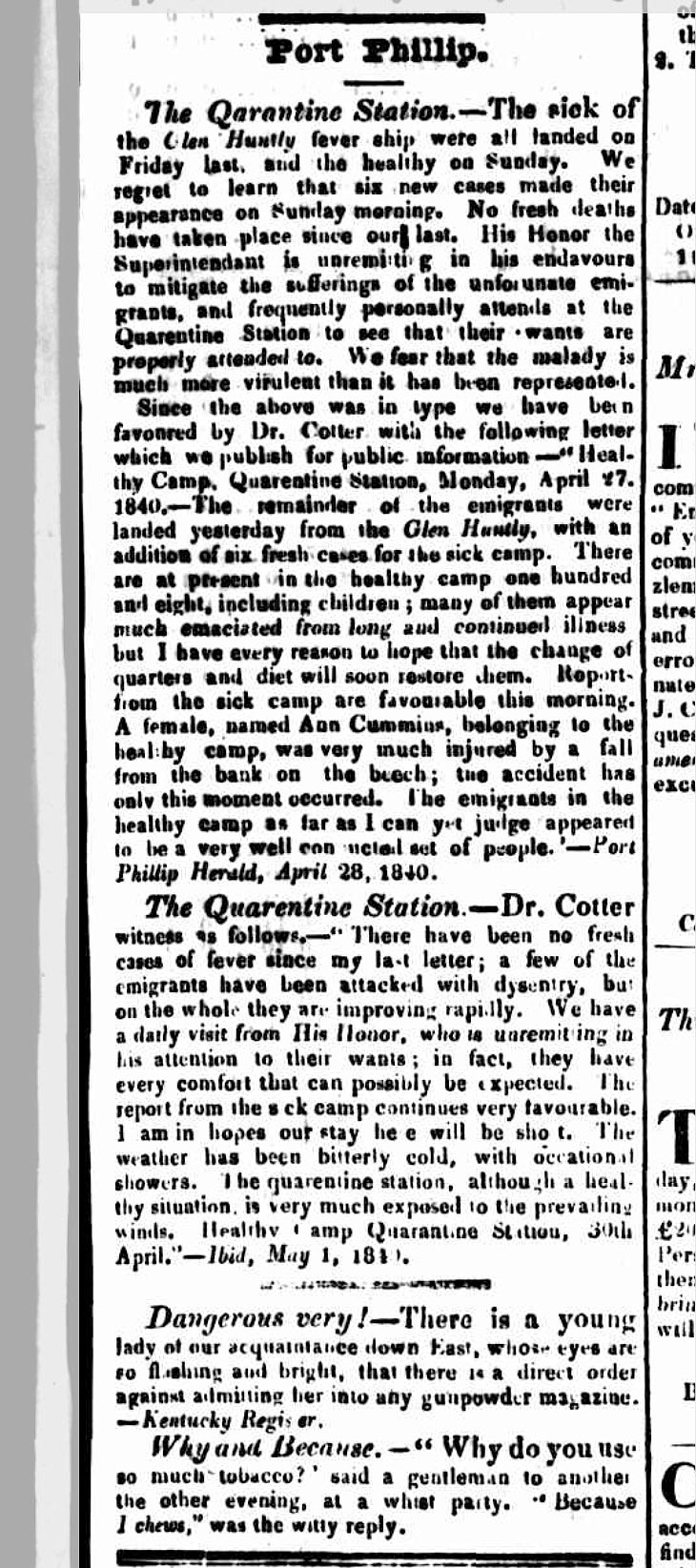 Noticia de mayo de 1840 informando del desembarco del resto de emigrantes del Glen Huntly