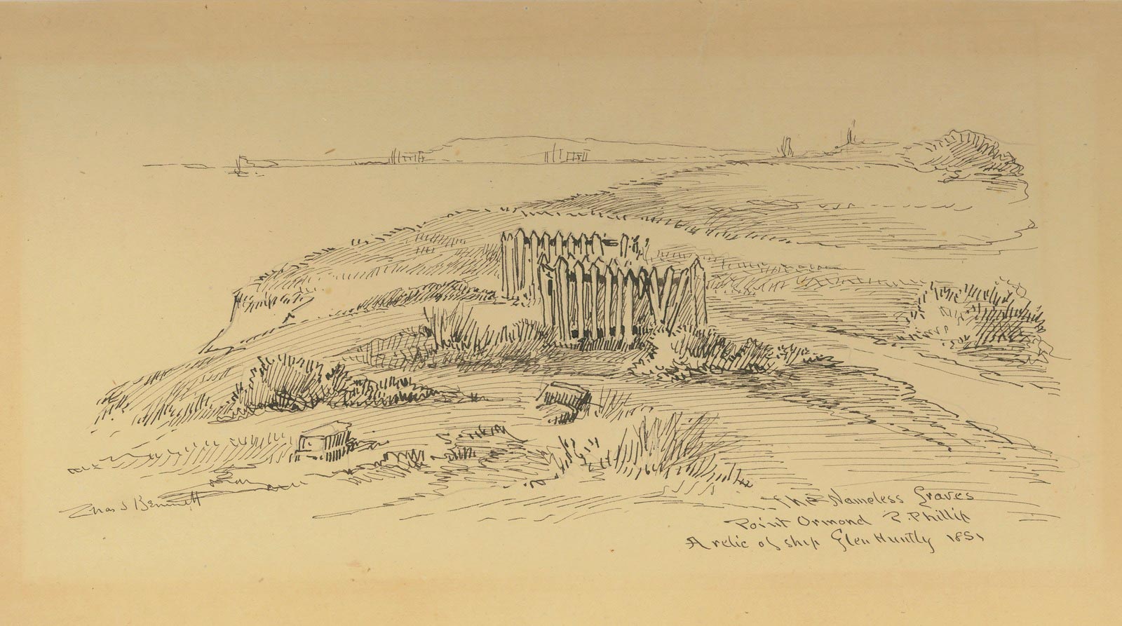 Dibujo 'Las tumbas sin nombre de Point Ormond P. Phillip, una reliquia del barco Glen Huntly 1851' de Charles S. Bennett.