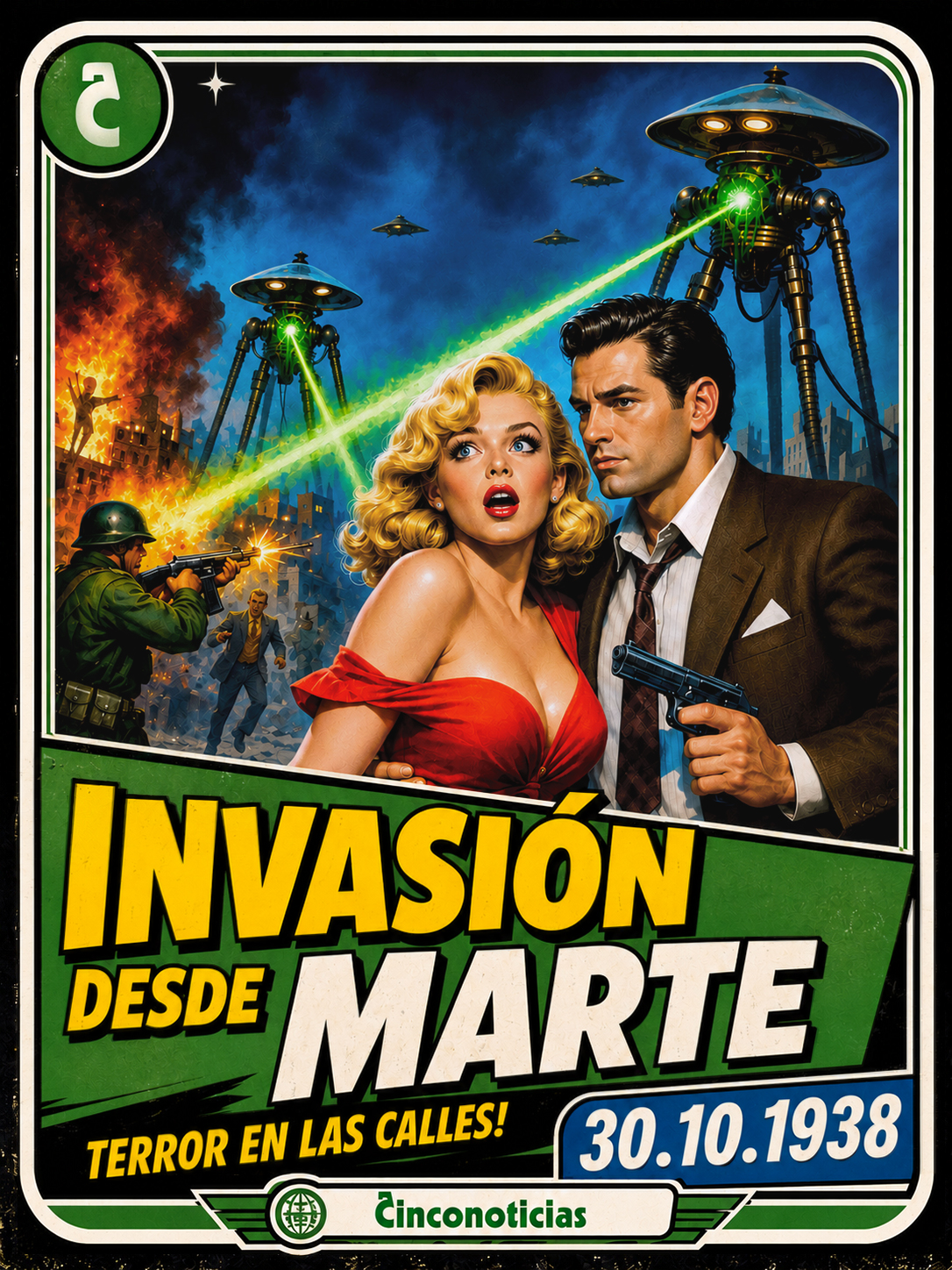 Tarjeta coleccionable Cinco Noticias "Invasión desde Marte" de 1938