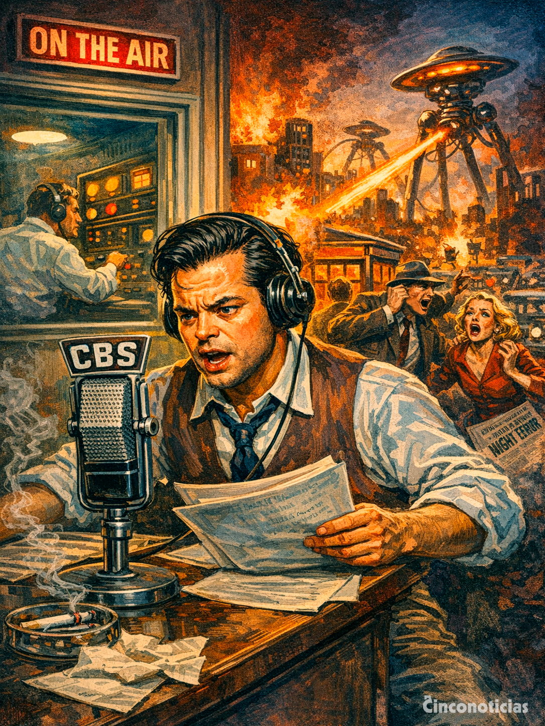 Ilustración de Orson Welles narrando "La guerra de los mundos" desde el estudio de la CBS