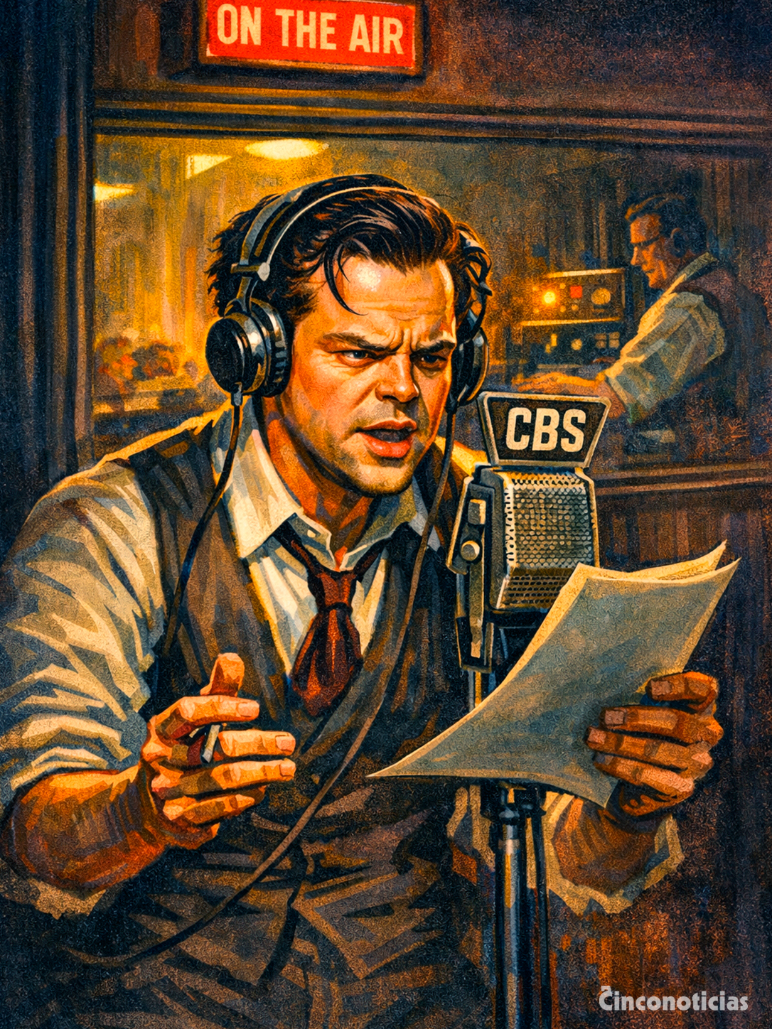 Ilustración de Orson Welles frente al micrófono de la CBS interpretando "La guerra de los mundos"