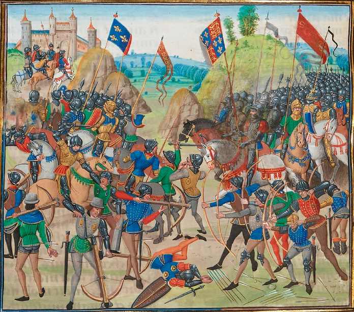 Uso de arcos ingleses en la batalla de Crécy - Cuadro de Jean Froissart