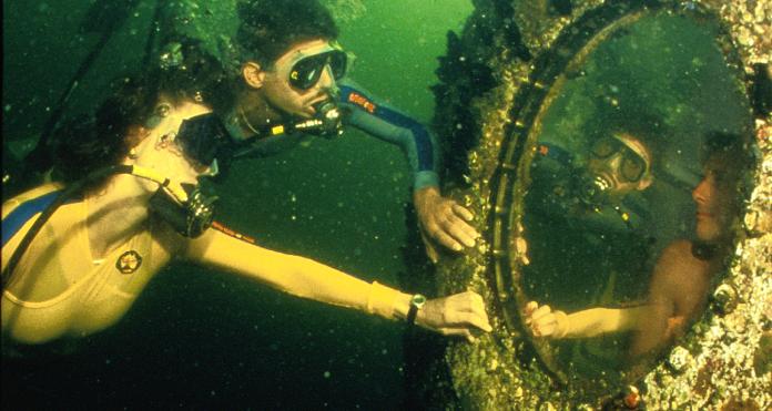 Dos buzos mirando hacia dentro del Jules`s undersea.