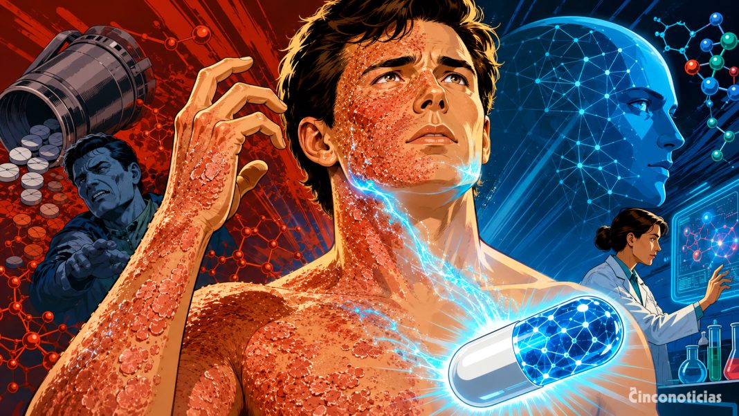 Ilustración sobre Takeda, un fármaco diseñado con IA para tratar la psoriasis, 2026.