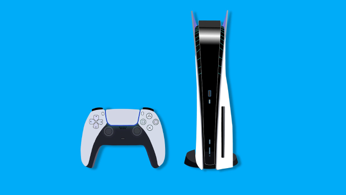 La imagen muestra un controlador y la consola PS5. 