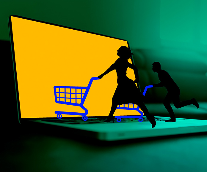 ilustración de 2 personas arrastrando un carrito de la compra hacia una pantalla de ordenador