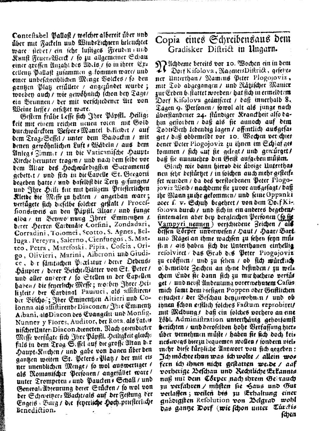 Página del periódico Wienerisches Diarium del 21 de julio de 1725 con mención al “Vampyri”