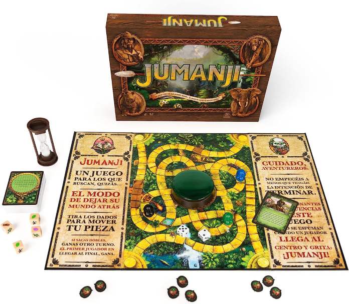 Empaque de Jumanji con su tablero y accesorios.