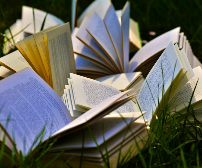 Libros abiertos al aire libre.