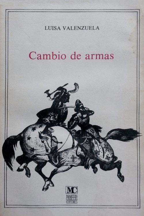La imagen muestra a dos personajes batallando sobre caballos abstractos.