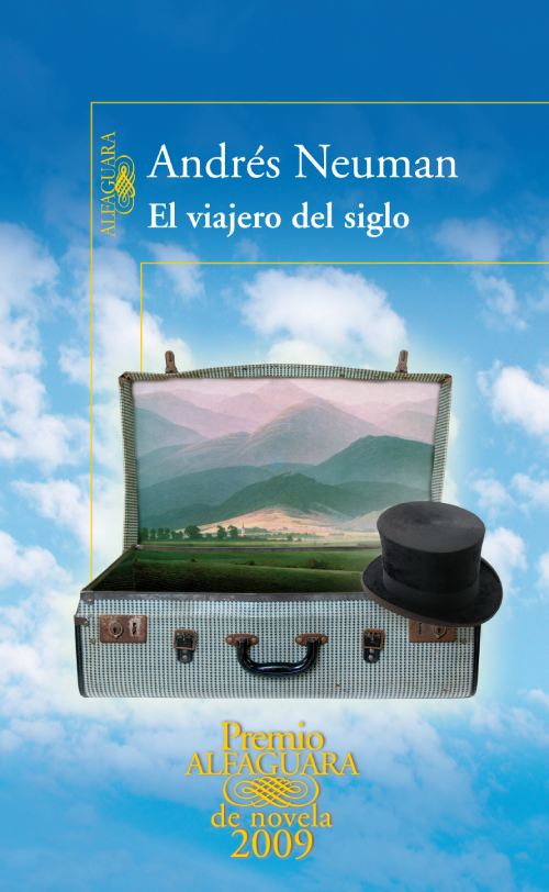 En la imagen: una maleta levitando en el cielo con un sombrero en una esquina y un paisaje en su interior.