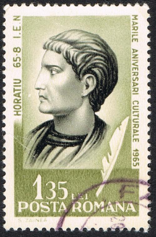 Postal romana color verde que muestra el perfil de Horacio.