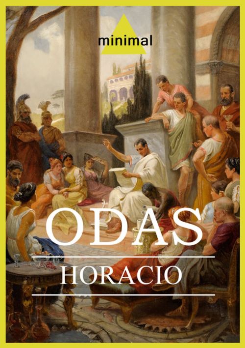 La portada del libro está adornada por un grupo de ciudadanos romanos escuchando al relator de los textos de Horacio.