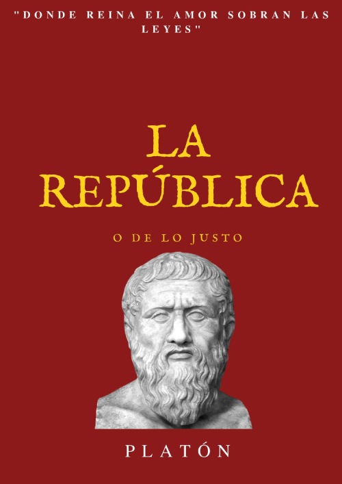 La portada roja está adornada por el busto en cerámica de Platón.