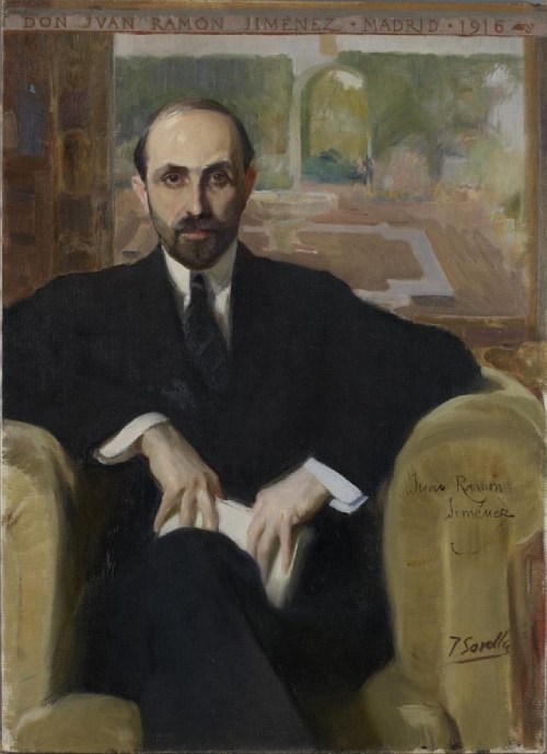 Juan Ramón Jiménez retratado con pintura al óleo, sentado en un sillón con un libro doblado en sus manos.