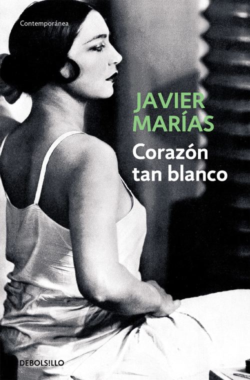 La cubierta del libro está adornada por una fotografía en blanco y negro de una mujer, de perfil, con un vestido blanco. 