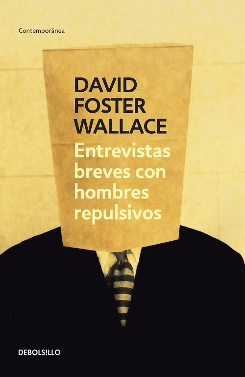El cover del libro muestra a un hombre con una bolsa de papel marró, llena de letras, en la cabeza.
