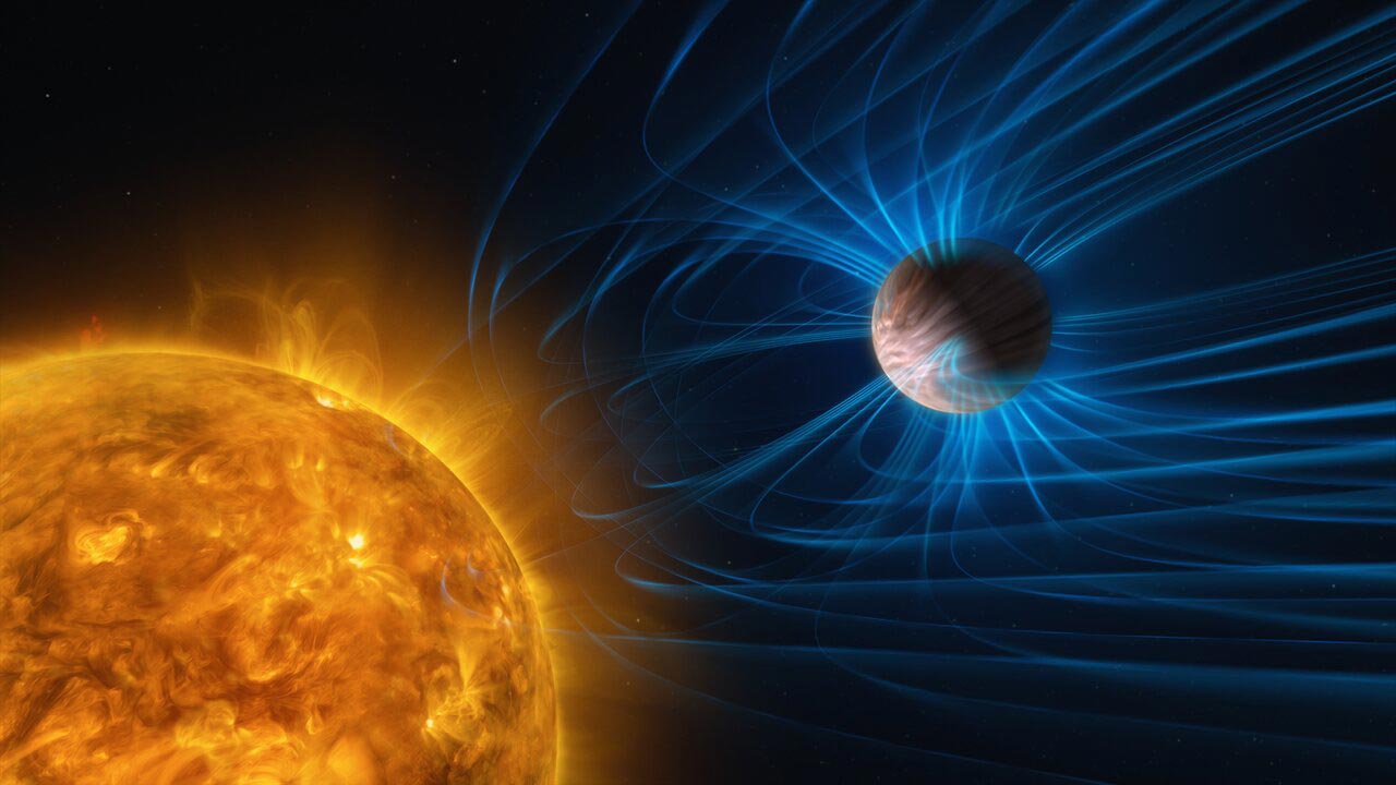 Ilustración artística de un exoplaneta gigante gaseoso con líneas de campo magnético azules junto a su estrella.
