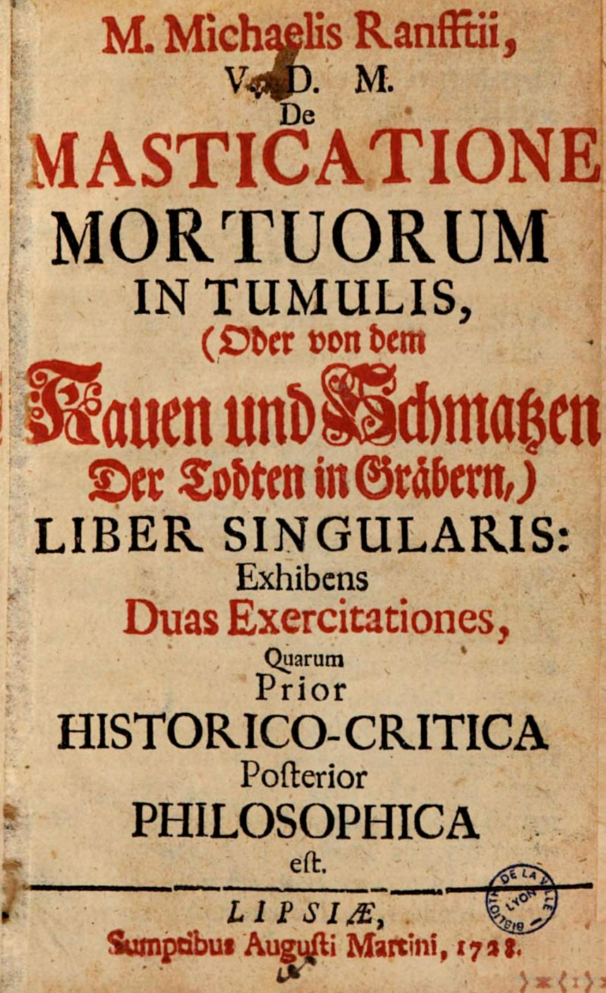 Portada de la obra "De masticatione mortuorum in tumulis", que reutilizó noticias como la de 1725 para la discusión erudita.