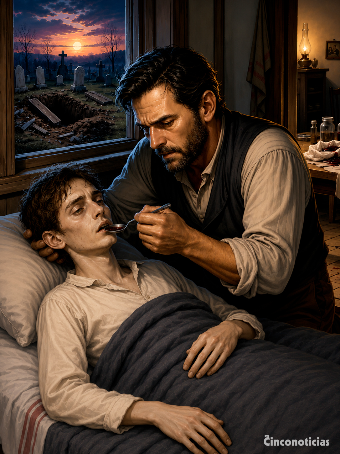 Ilustración que representa a George Brown suministrando a su hijo el que suponían era el remedio contra la tisis