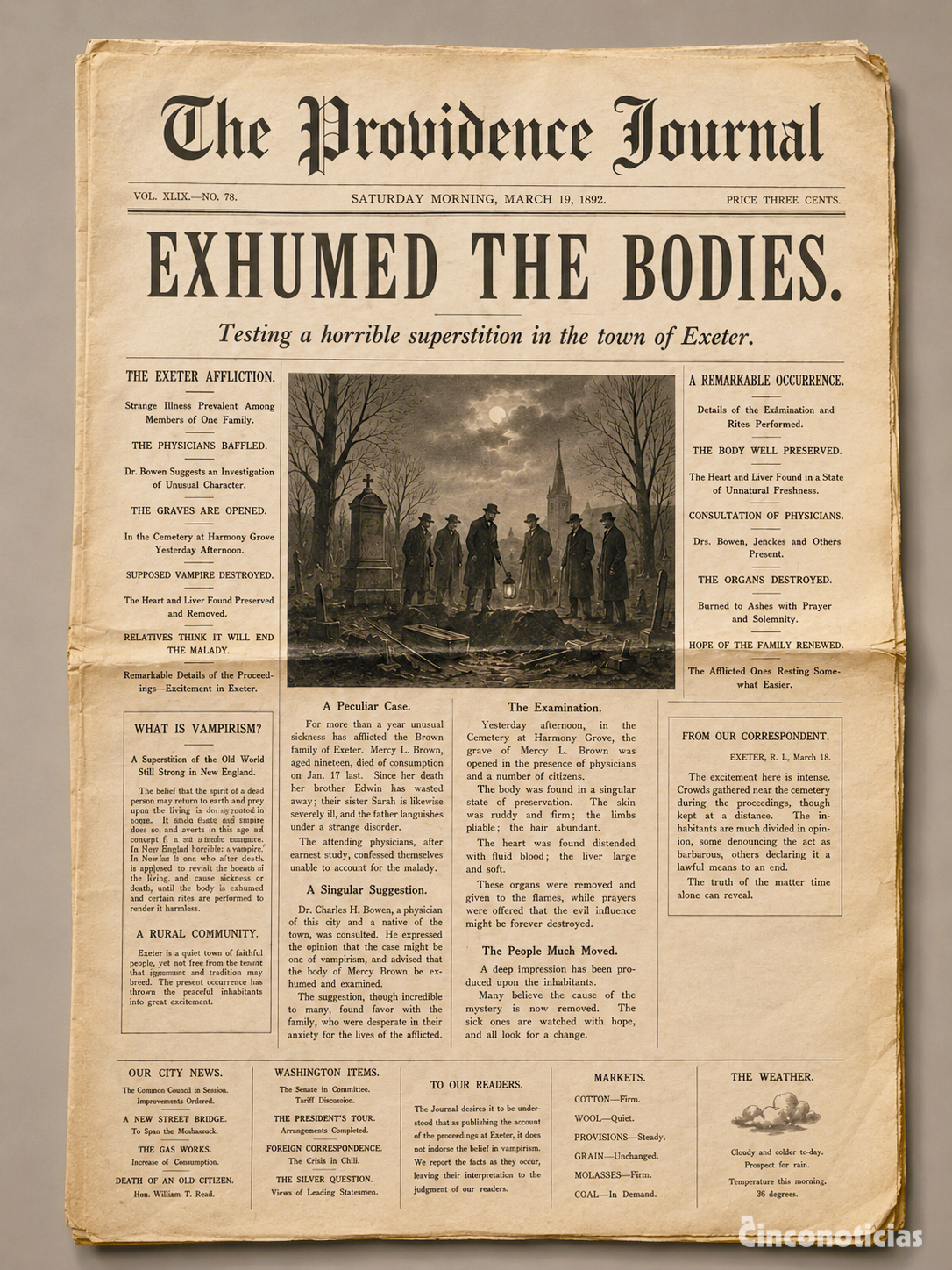 Portada del Providence Journal del 19 de marzo de 1892 con el titular sobre la exhumación en Exeter, Rhode Island.