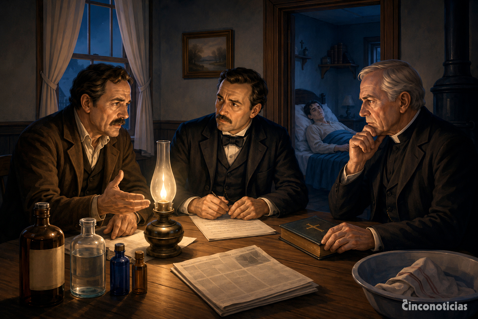 Ilustración de una conversación nocturna a la luz de un quinqué junto a Eddie Brown, enfermo de tisis, en Exeter (Rhode Island, 1892).