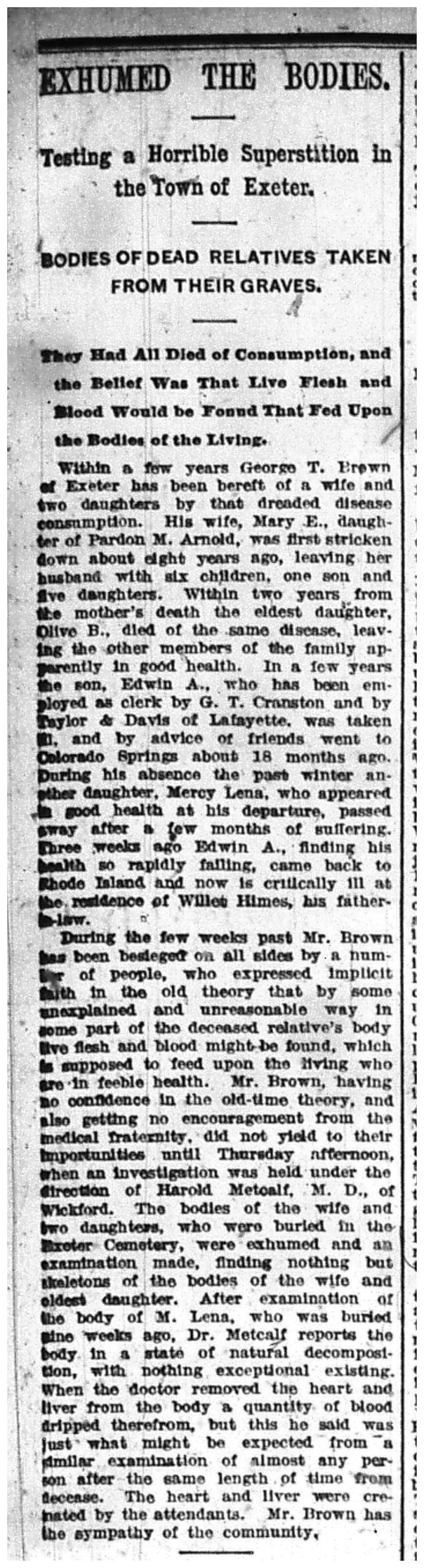 Recorte de prensa del Providence Journal de 19 de marzo de 1892 con la noticia “EXHUMARON LOS CUERPOS"