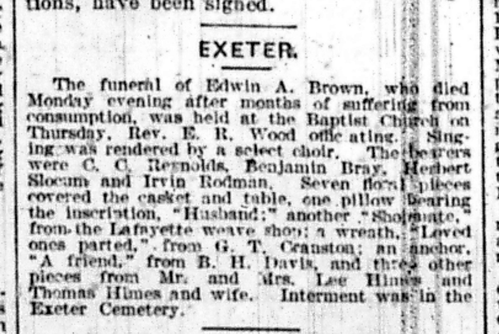 Recorte del Providence Journal del 7 de mayo de 1892 con el obituario de Edwin Brown