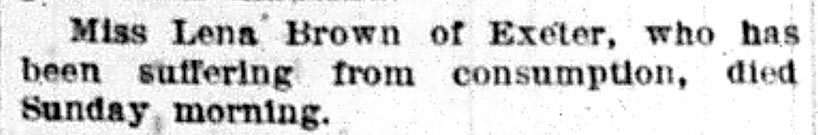 egistro de defunción de Exeter. Obituario de Mercy Lena Brown, 1892
