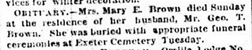 Registro de defunción de Exeter. Obituario de Mary Eliza Brown, 1883
