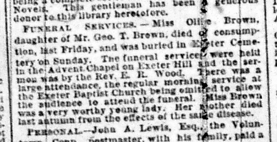 Recorte del Providence Journal del 11 de junio de 1884 con el obituario de Mary Olive Brown