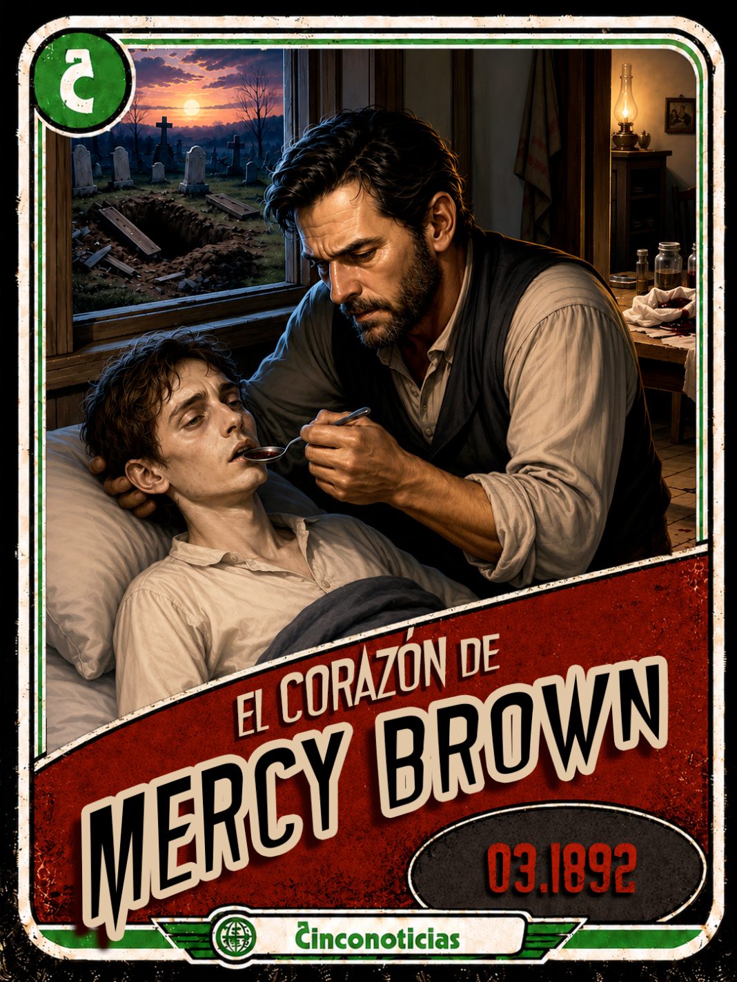 Tarjeta coleccionable Cinco Noticias — Mercy Brown, 1892 Tarjeta coleccionable Cinco Noticias “El corazón de Mercy Brown. El remedio infalible contra la tisis"