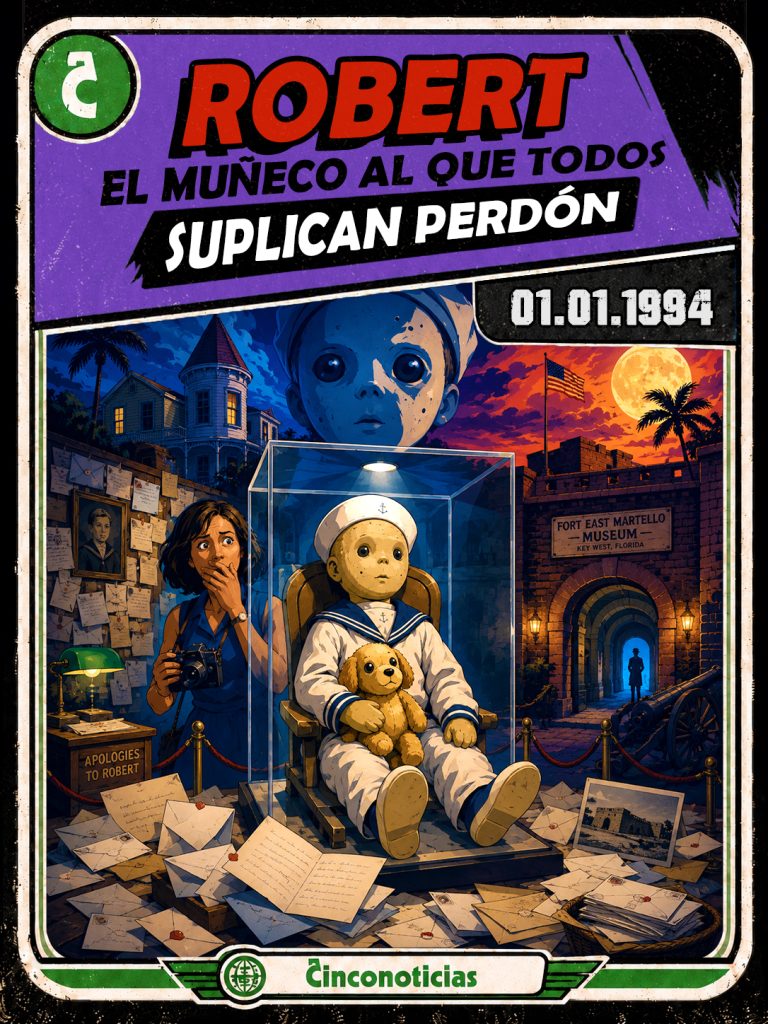 Tarjeta coleccionable Cinconoticias "Robert, el muñeco al que todos suplican perdón", 1994.
