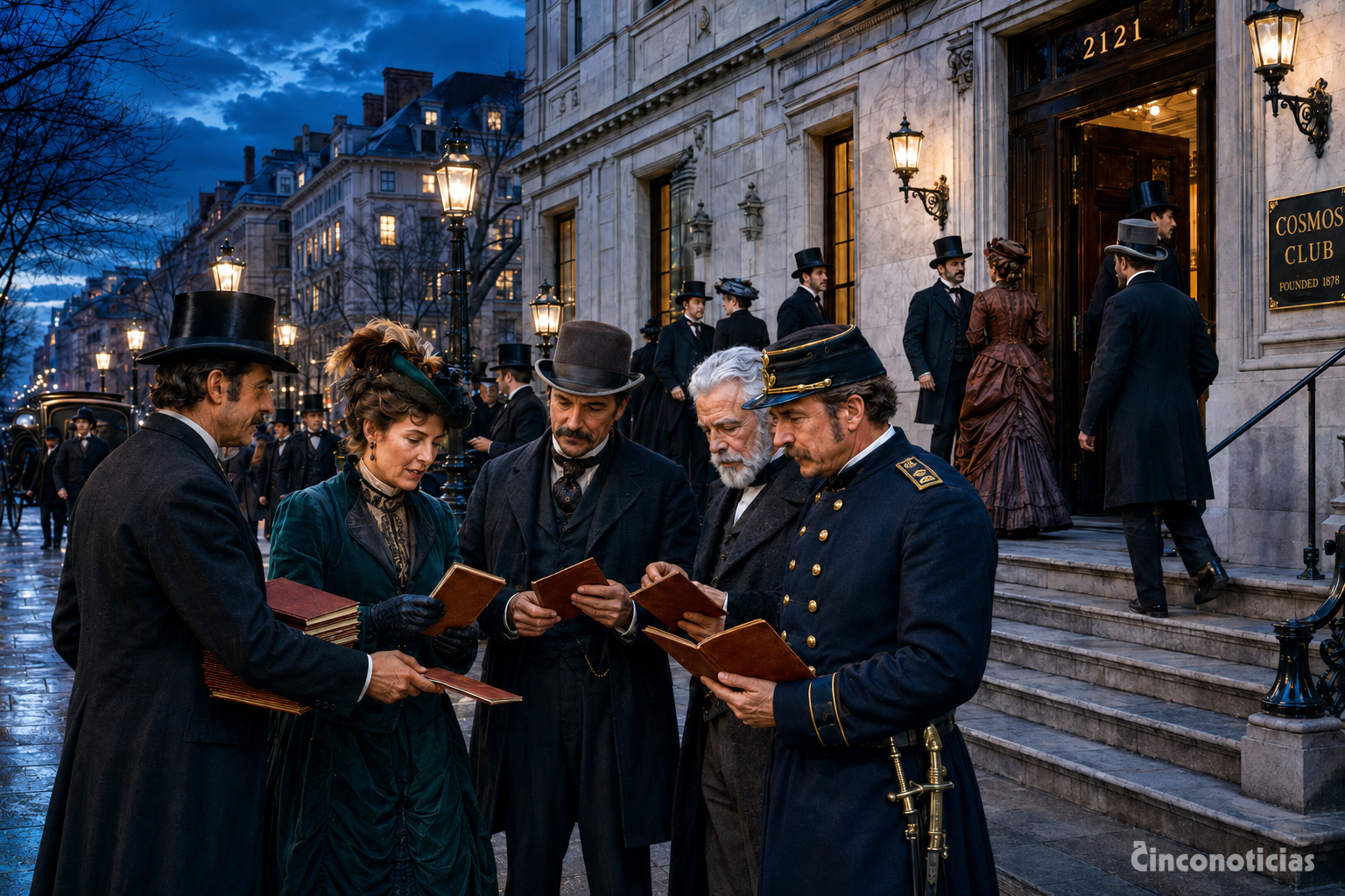 Ilustración sobre asistentes leyendo la nueva revista National Geographic a la entrada del Cosmos Club en 1888