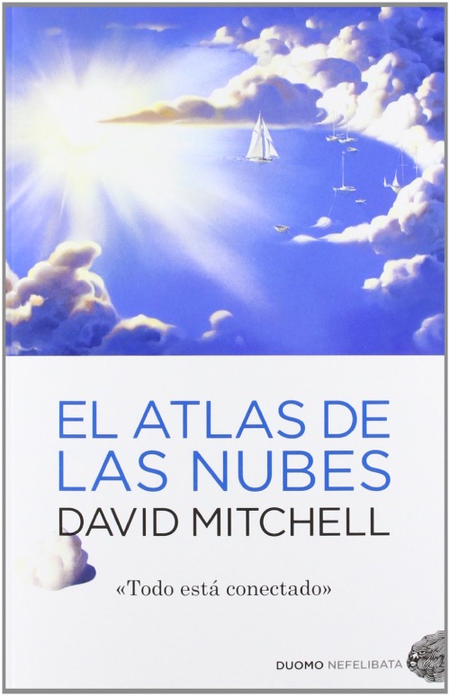 La cubierta del libro es una imagen de veleros en el cielo cerca de las nubles blancas en un cielo azul con un destello brillante. 
