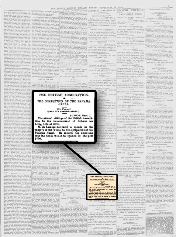 Noticia de The Sydney Morning Herald sobre el Canal de Panamá, 1888.