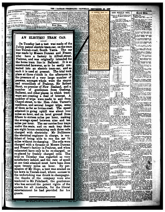 Noticia sobre la prueba del tranvía Julien publicada en The Telegraph, St Kilda, Prahran and South Yarra Guardian, 1888