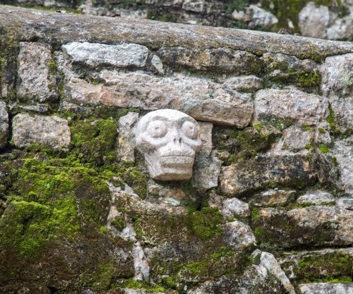 Calavera de piedra en asentamiento maya