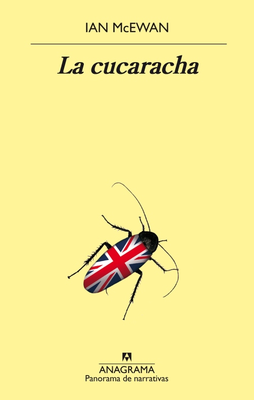 El cover de libro tiene un fondo amarillo y una cucaracha con la bandera del Reino Unido en sus alas. 