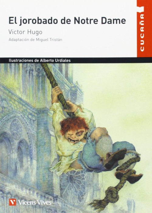 La portada del libro muestra a Quasimodo colgando de una cuerda. 