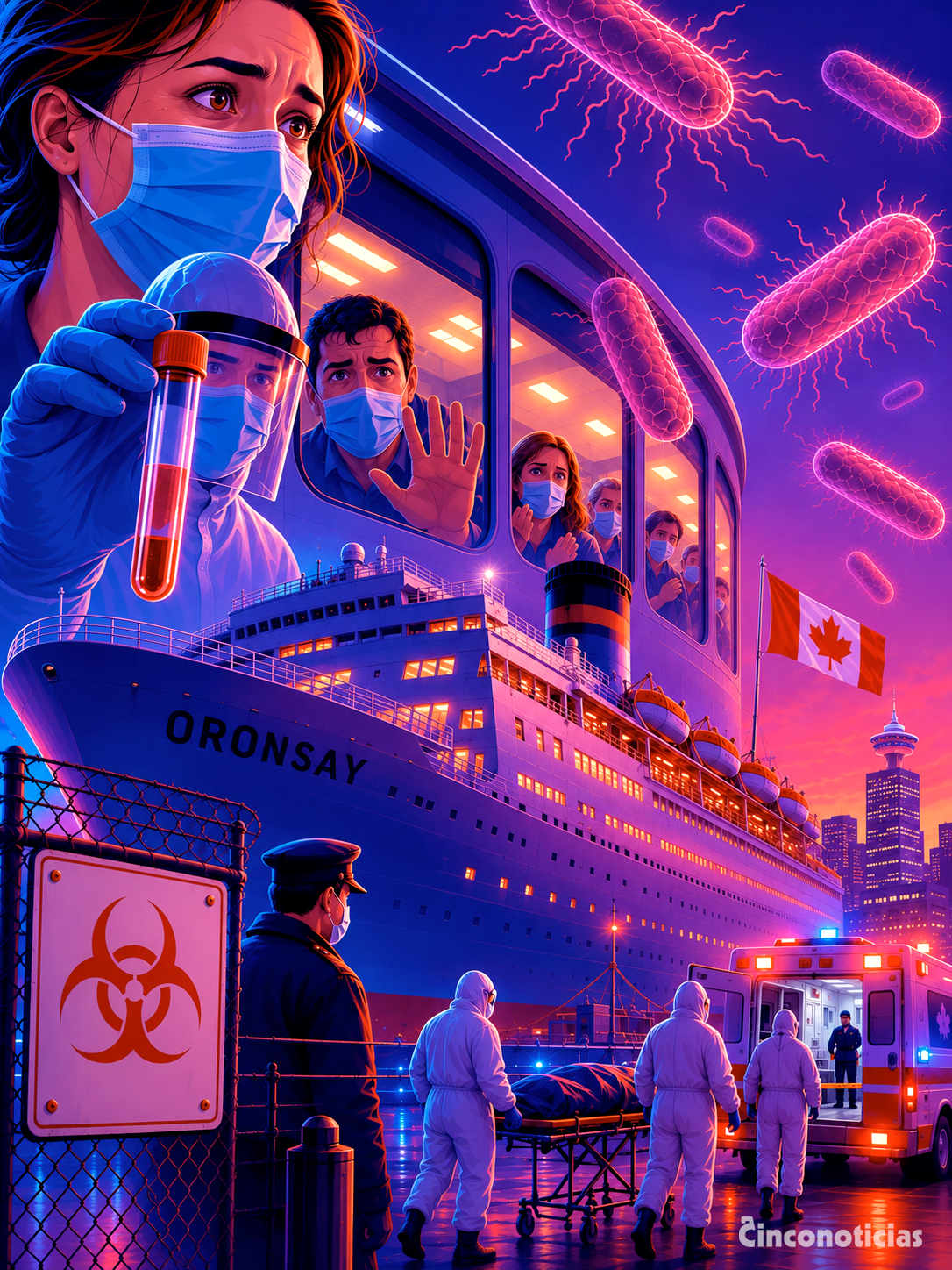 Ilustración sobre el SS Oronsay retenido en Vancouver durante la cuarentena por fiebre tifoidea de 1970