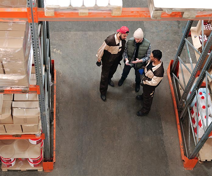 Tres personas reunidas en un almacén logístico revisando una tablet