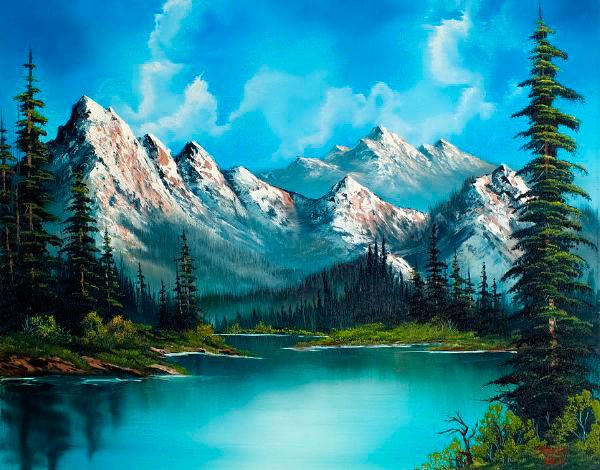 Pintura de montañas alrededor de un lago (Bob Ross)