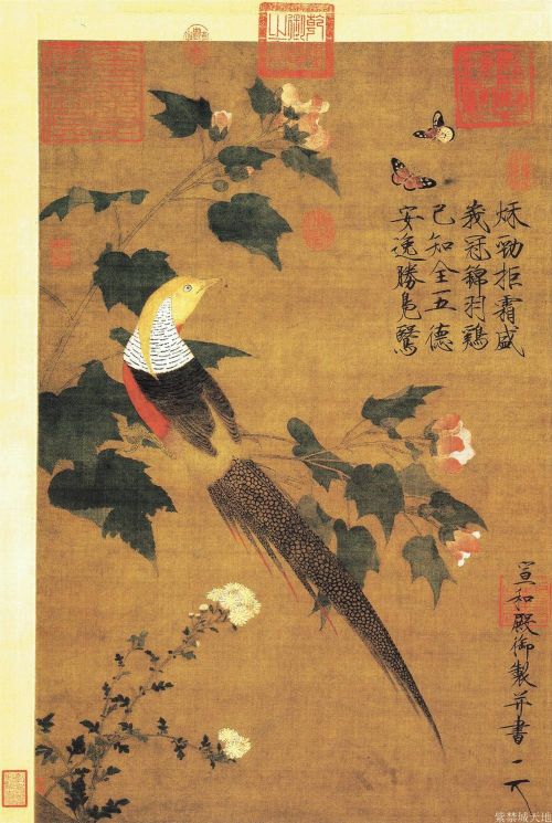 Pintura oriental - Faisán dorado y flores de rosas de algodón con mariposas