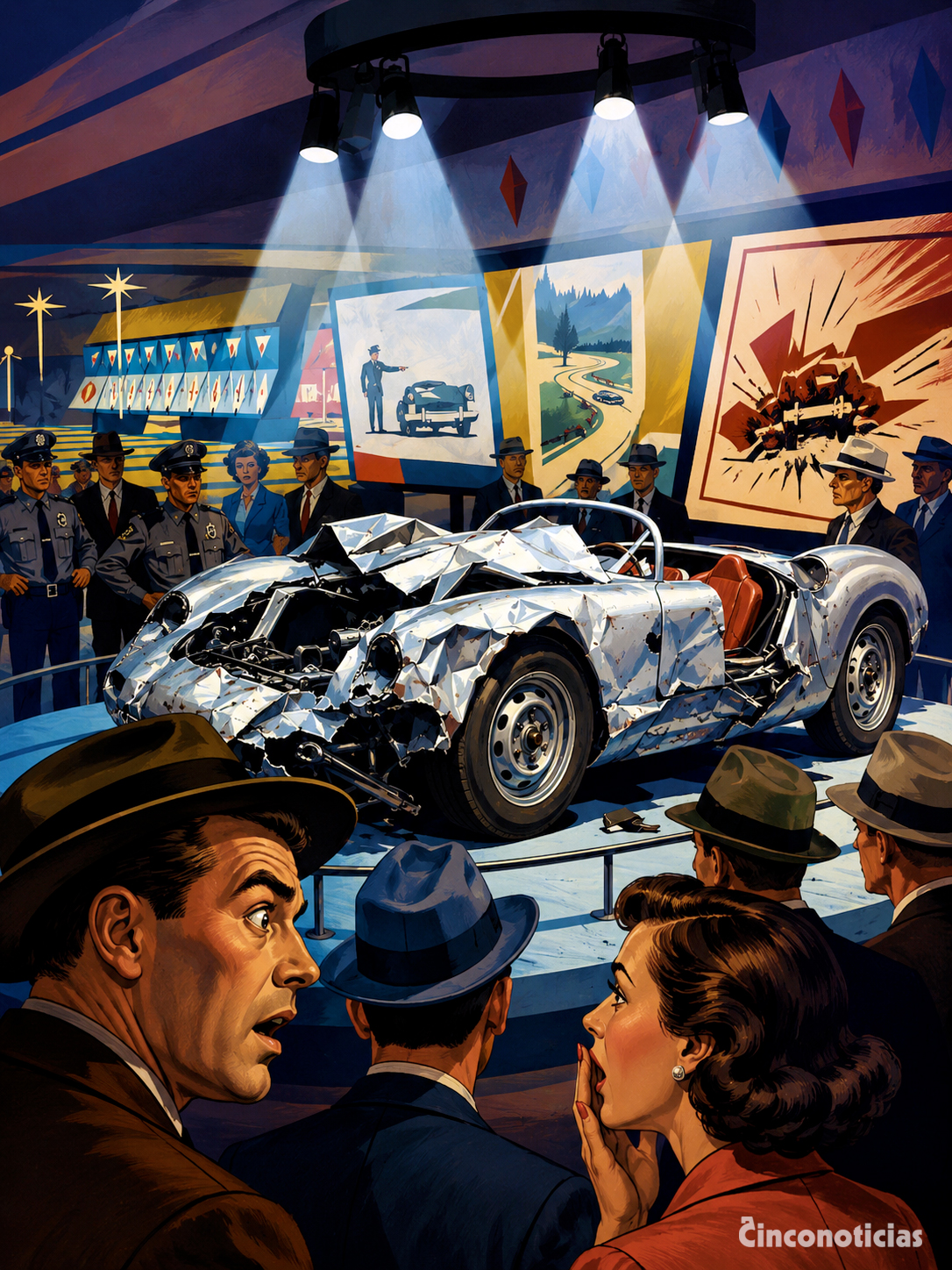 Exhibición de seguridad vial de finales de los años cincuenta con los restos del Porsche 550 Spyder “Little Bastard”
