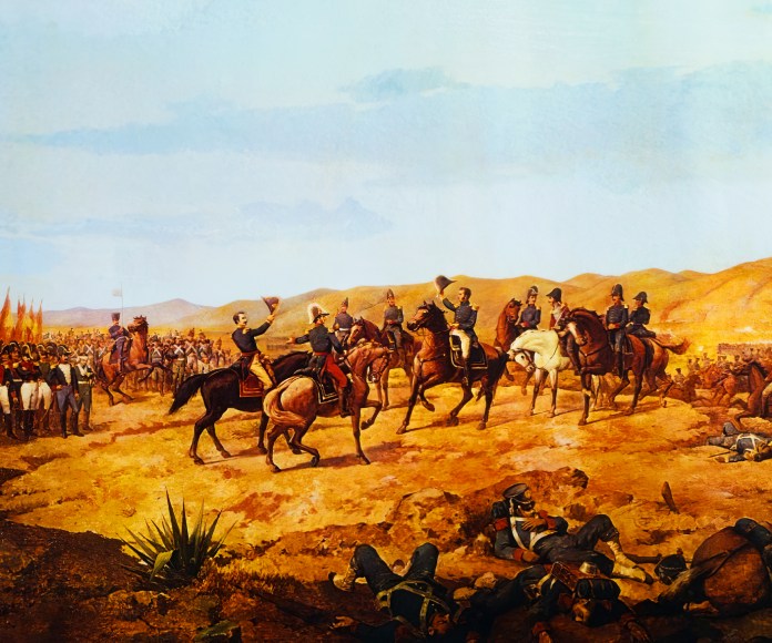 Pintura de varios soldados montados a caballo.