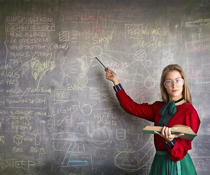 Profesora frenta a una pizarra